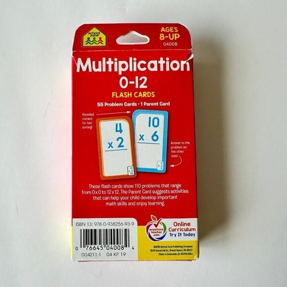 School Zone Multiplication 0-12 Flash Cards Ages 8+ Elementary Math Facts - Picture 2 of 6